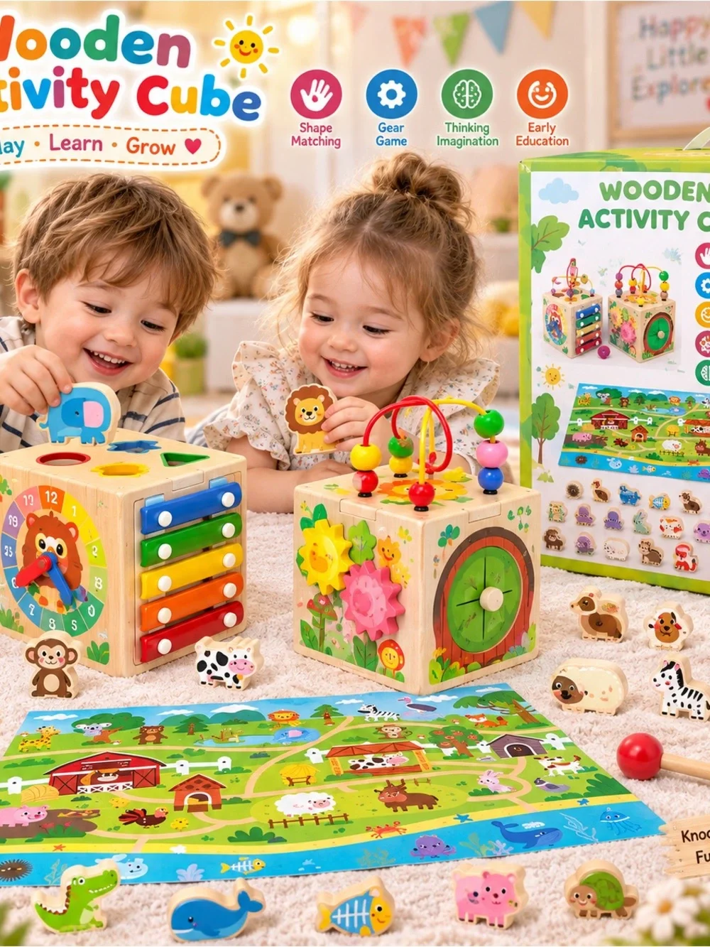 Wooden Activity Cube for Kids - Colorful Learning Toy